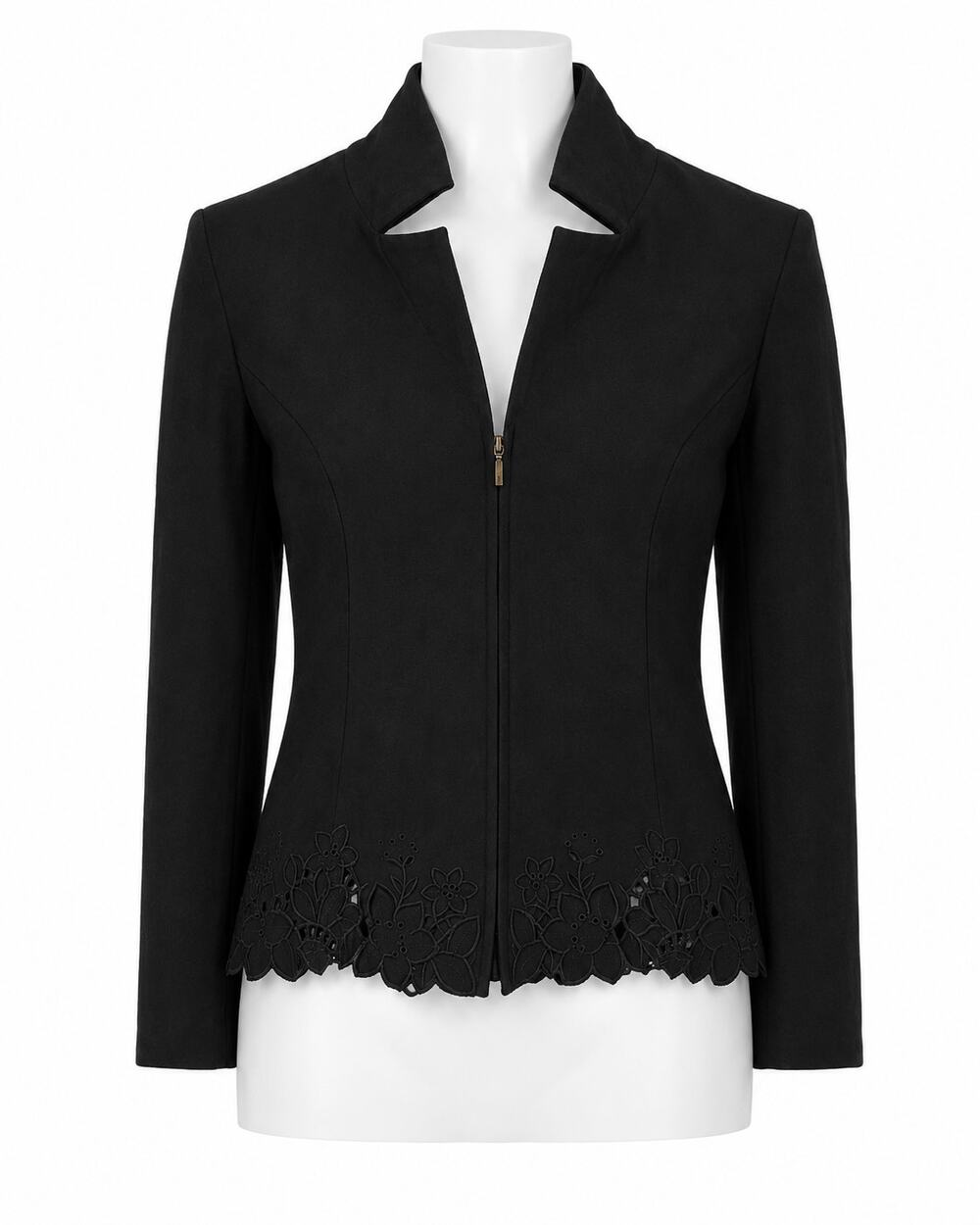 Natural Impressions Black Floral Embroidered Scalloped Zip Jacket Womens Large
